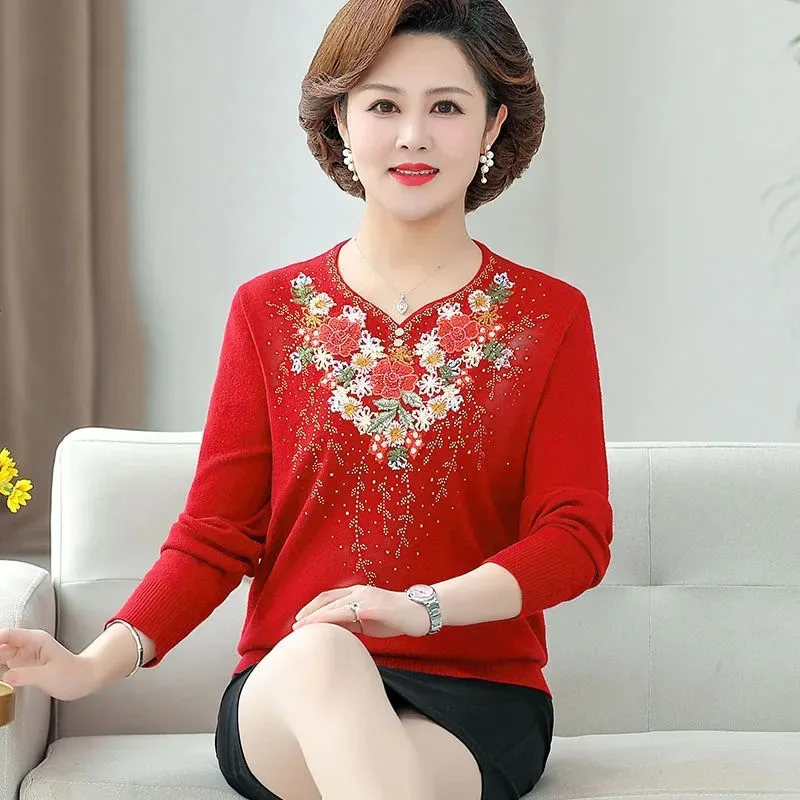 New High-Quality Spring Autumn Knitted Sweater Fashion Middle Aged Elderly Women\'s Knitwear Pullover Lady Embroidery Top T-Shirt