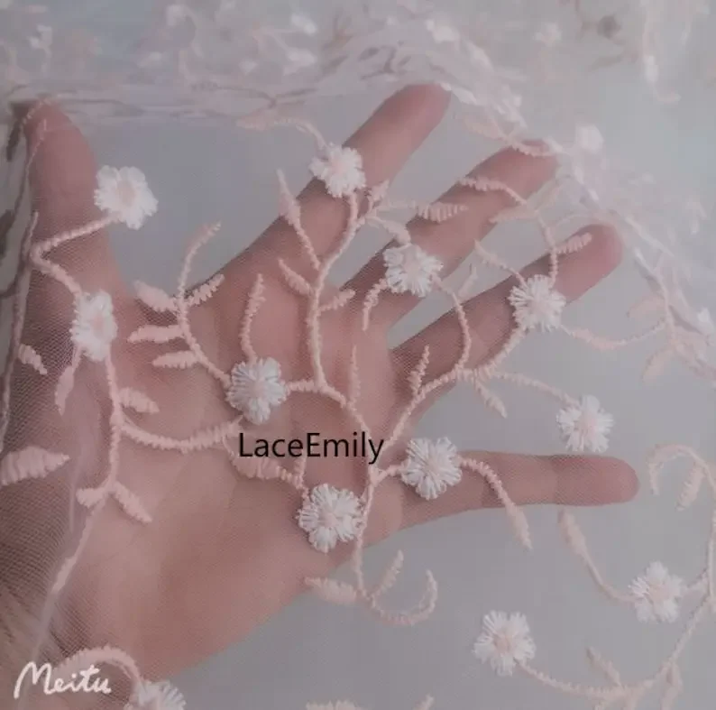 

5 Colors Delicate flower Embroidered Lace Fabric Floral Pink Green Tulle For Wedding Gown, Bridal Dress, Summer Dress,