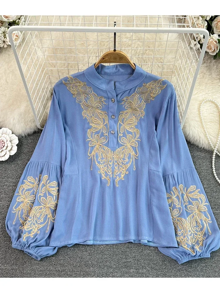 Women Spring Blouse Retro Ethnic Style Lantern Long Sleeve Round Neck Embroidered Loose Cotton Linen Shirt Casual Top D3548