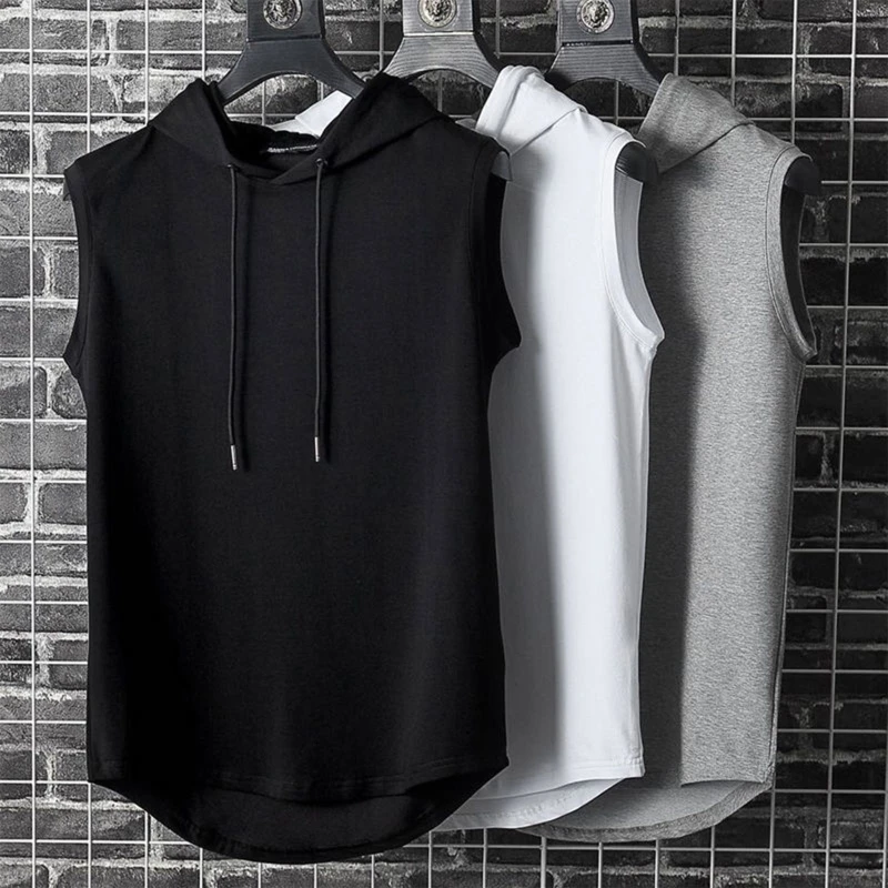 Mens Summer Sleeveless Drawstring Hooded for Tank Top Solid Color Gym Fitness Sports T-Shirt Hip Hop Loose Blouse Vest