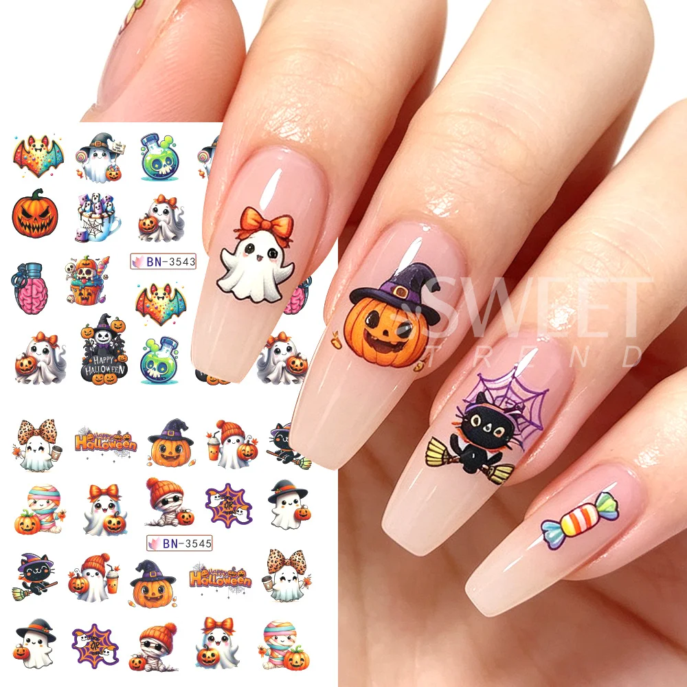 SWEET TREND-12 Design Halloween Water Transfer Nail Stickers Decals Ghost Pumpkin Skull Bat Nail Slider for Women Manicure Decor view 3
