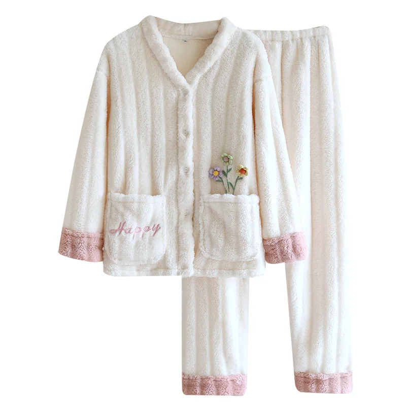 Winter Nightwear Warm Women Pajama Set Flannel Thick Long Sleeve Pants Sleepwear Two Piece Coral Fleece Cute Flower Home Clothes