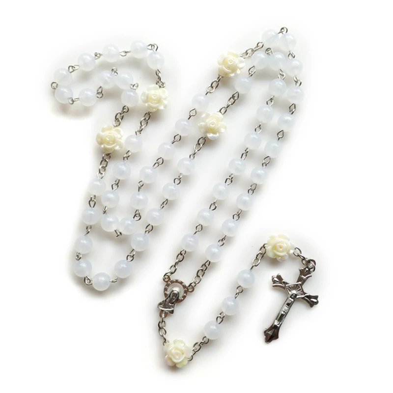 8mm Rosary Beads Flower Luminous Necklace with Jesus Crucifix for Cross Pendant Necklaces Glow in Dark Religious for Dropsale