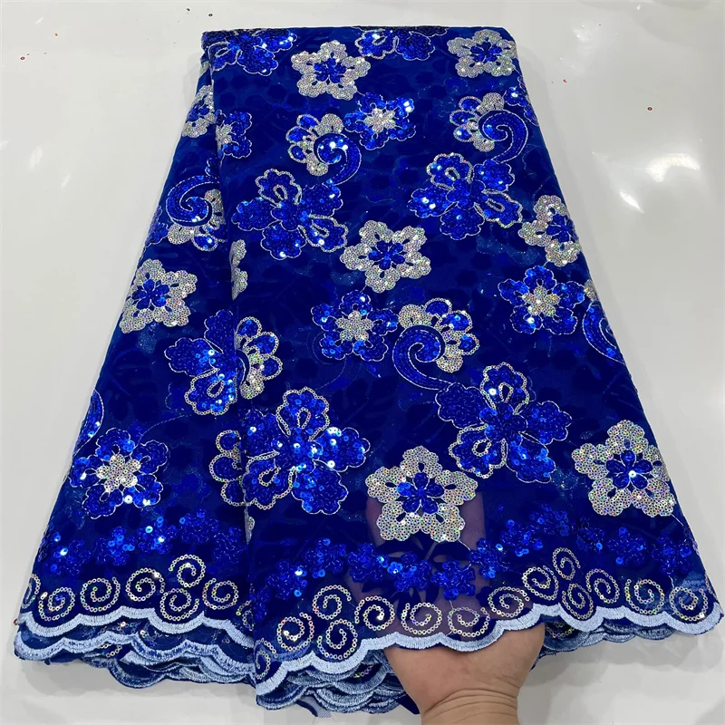 Royal Blue Flocking Lace Fabric, African Swiss Voile Embroidery Sequins Tulle Net Lace For Women's Dress High Quality 2.5 Yards