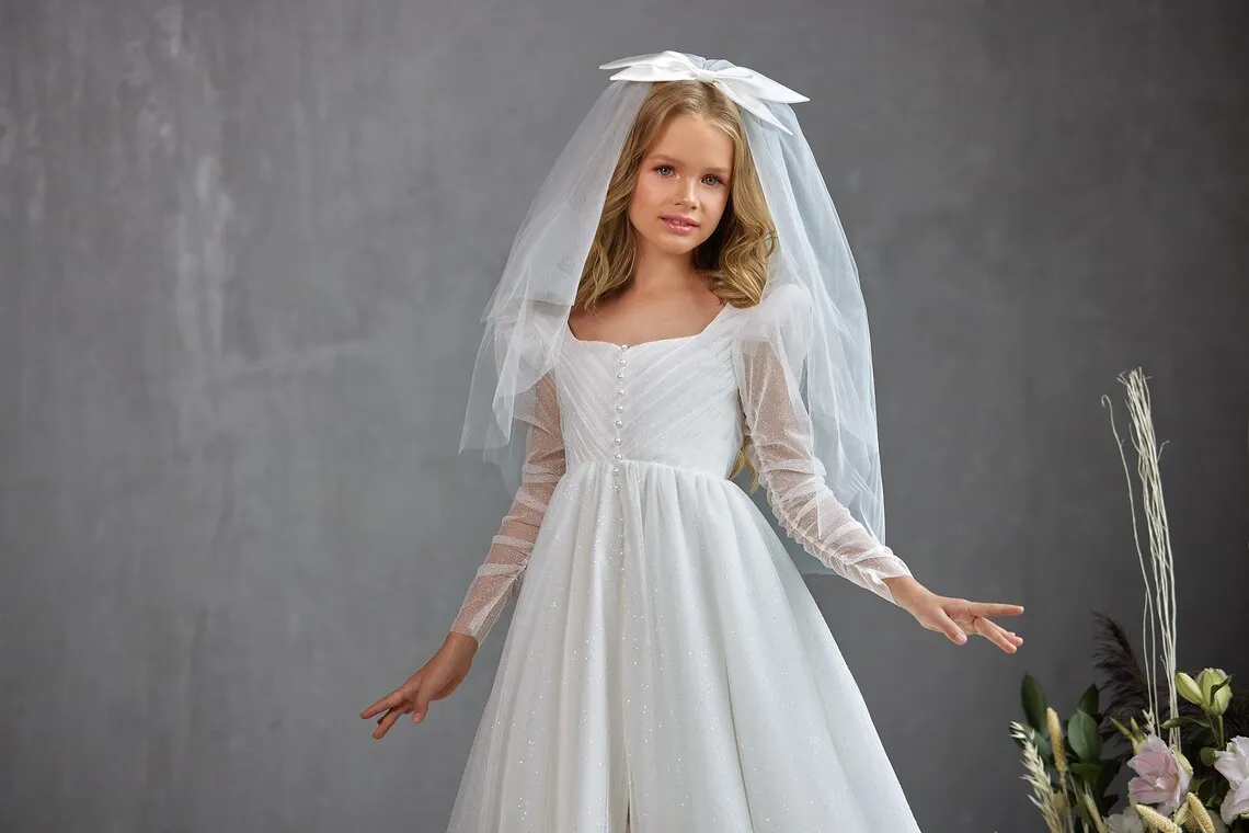 Sparkly Full Sleeve White Flower Girl Dresses Split Tulle Long Child Wedding Party Birthday Dress Holy First Communion Gown