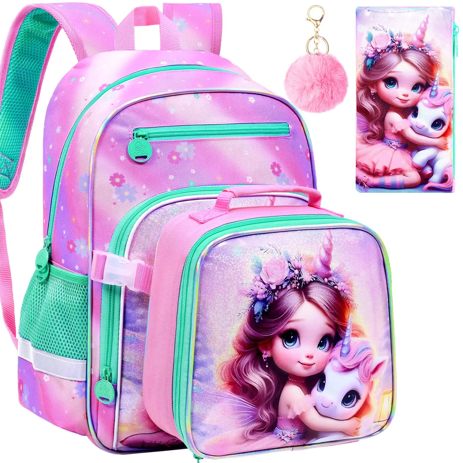 

Рюкзак с единорогом для девочек, 3 шт., 16-дюймовые детские рюкзаки для девочек дошкольного возраста, школьная сумка для книг с коробкой для обеда