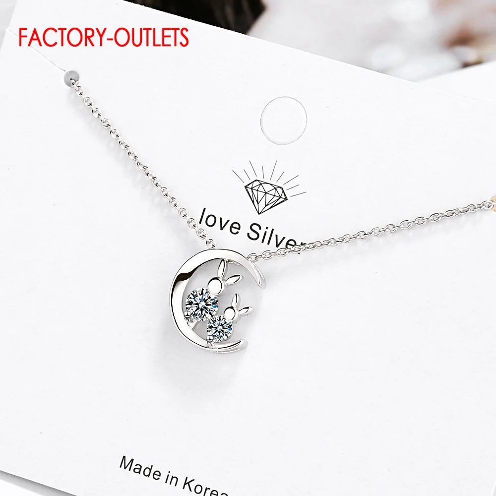 

Korean Genuine 925 Sterling Silver Fashion Necklace Jewelry Cute Rabbit Moon Pendant Necklaces for Women Valentine's Day Gift