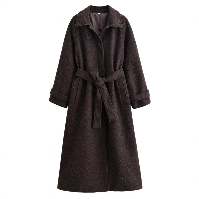 Women  Long Overcoat Sophisticated Silhouette Tailored Lapel Belted Waist Premium Soft Fabric Warm Autumn Winter Commuter