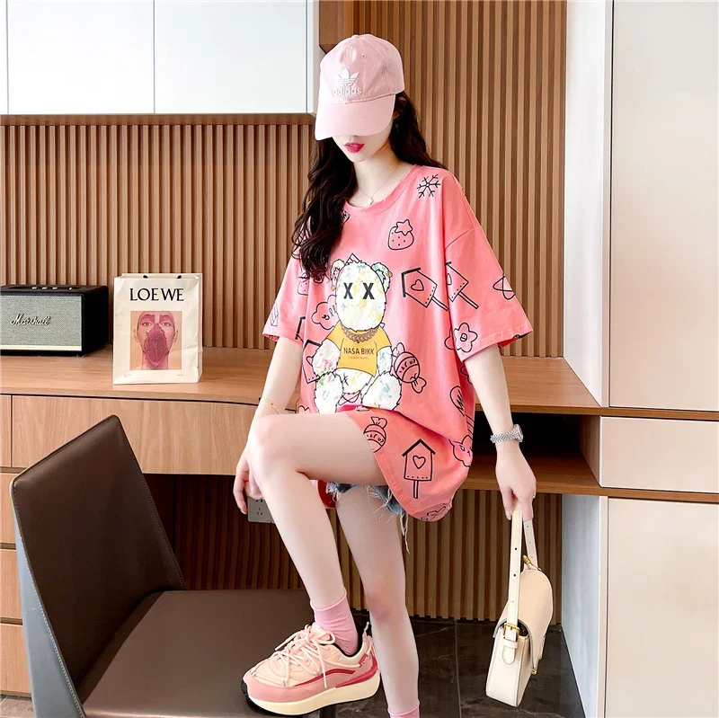 Summer Korean Style Loose Mid-length Designer Top Bear Print  Short-sleeved T-shirt Women Kawaii Clothes Graphic Tees