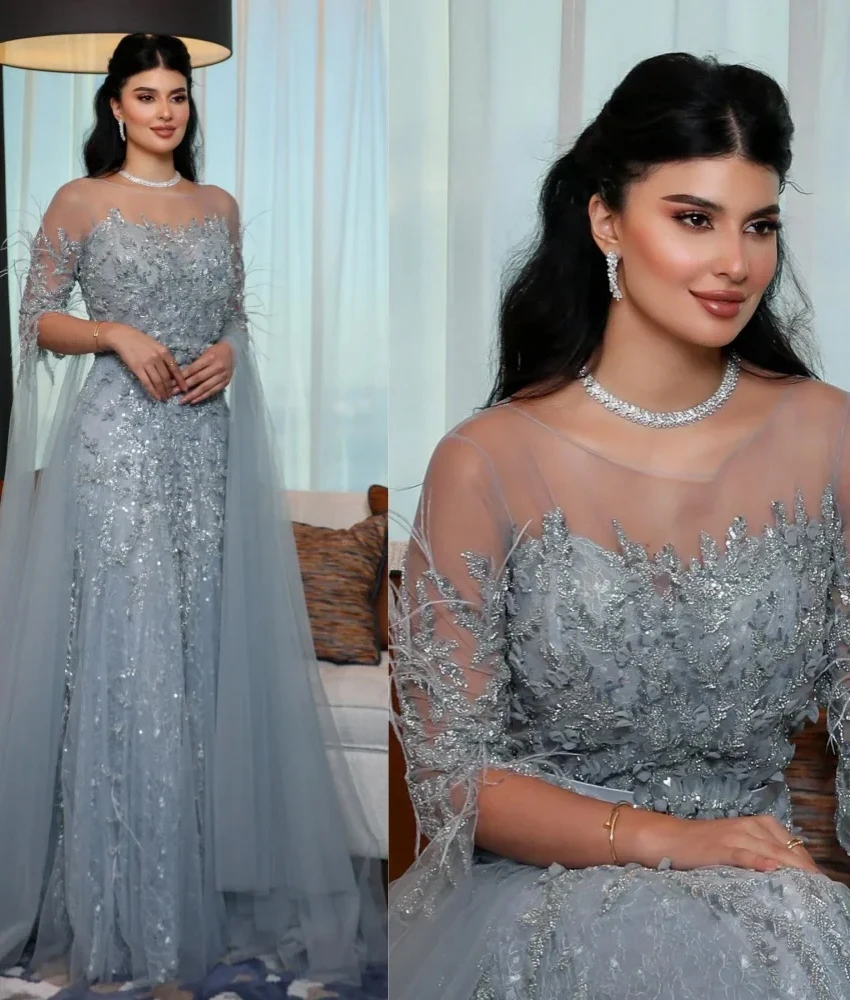

Customized Exquisite Organza A-Line Sequined Appliques Evening Dress Temperament Long Sleeves O-neck Bespoke Occasion Gowns