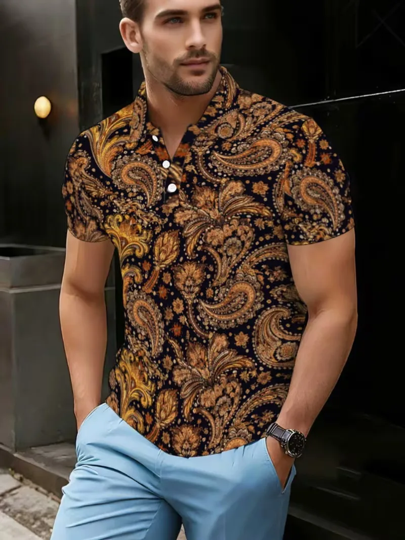 Vintage Purple Tribal Floral Polo Shirt Men's Short Sleeve Button Placket Golf Polo for Daily Casual & Beach Outfits