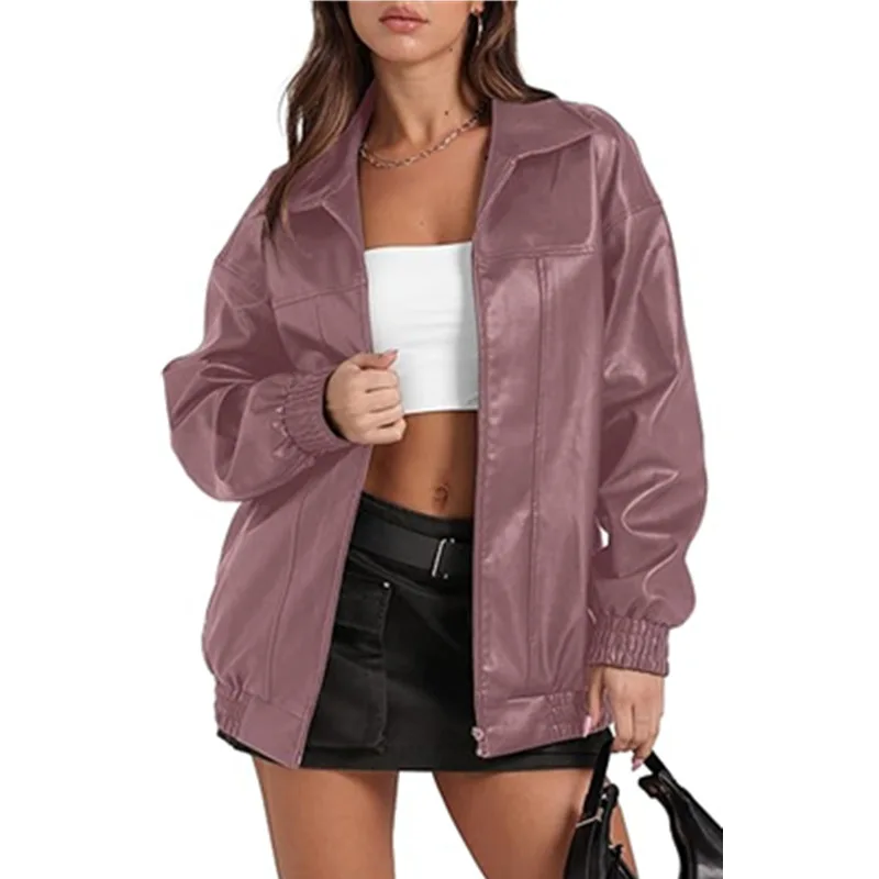 Women Casual Office PU Leather Jacket Spring Autumn Apricot Coat Fashion Slim Long Sleeve Lapel Zipper Side Pocket Women's Coats