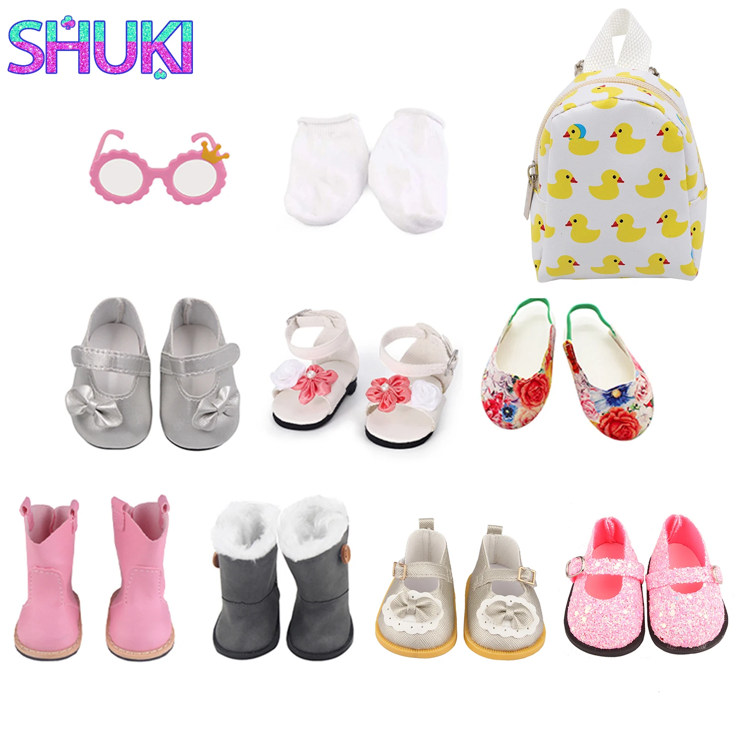 7cm Pu Leather Boots Flower Sandals, Slippers Duck Backpack Sunglasses For 18 inch American&OG,43cm Baby New Born,Life Girl Doll