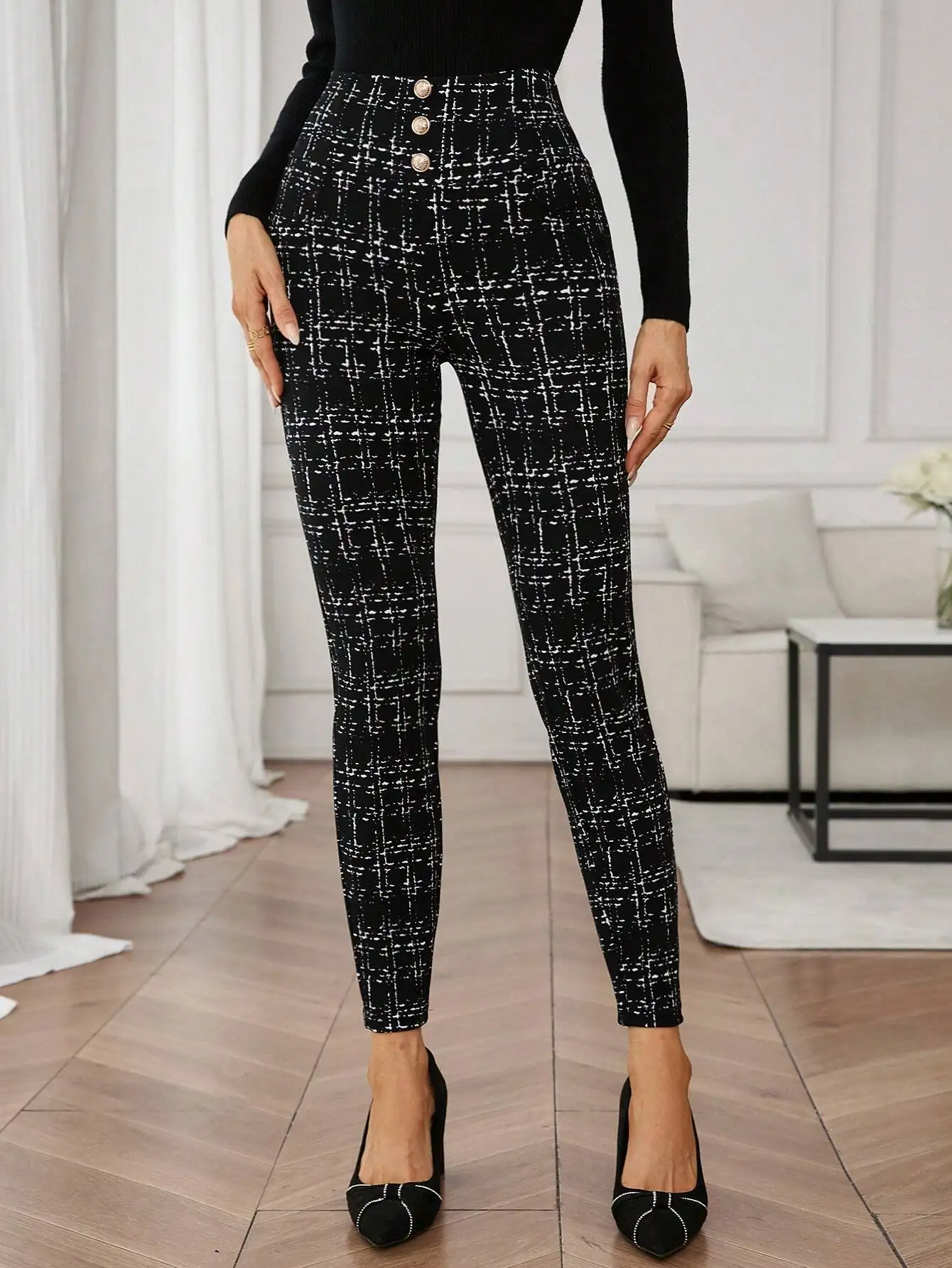 

Элегантные женские брюки-скинни с высокой талией и пуговицами из искусственного жемчуга в клетку