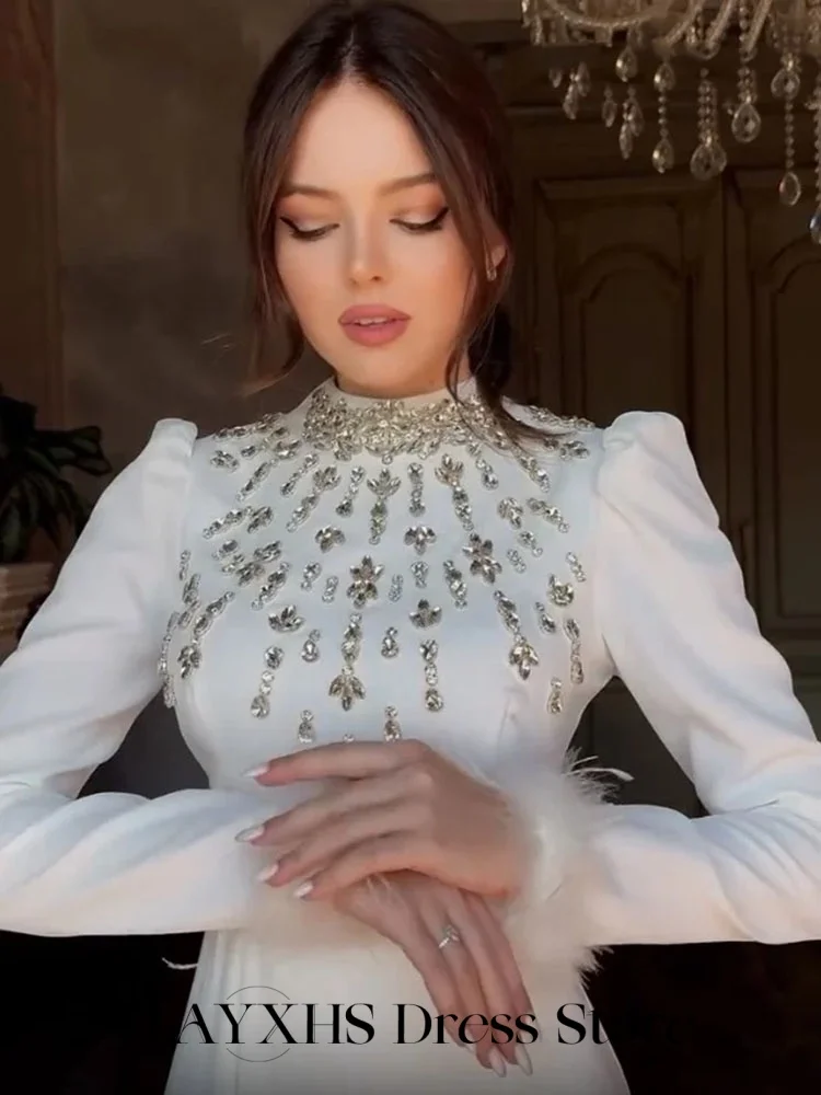 LAYXHS Elegant Formal Evening Dresses Long Sleeves Shiny Beaded Feather Mermaid Prom Dresses Customized فستان سهرة نسائي