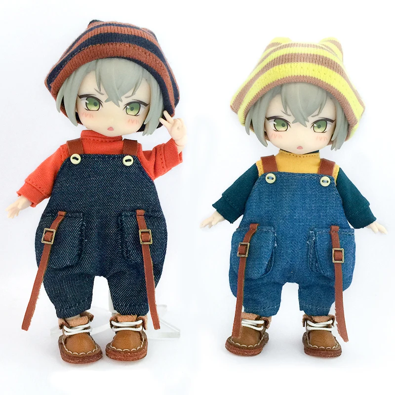 Ob11 Doll Checkered Loose Overalls Clothes Dolls Jeans Suit With Hat + T-Shirt Doll For Molly Gsc Ymy P9 P10 Body Uf Dolls