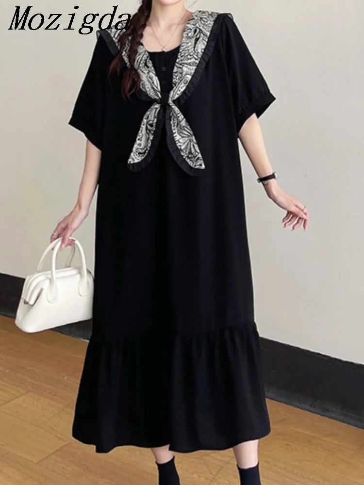 

Plus Size Summer Short Sleeve Dress Women Elegant Vintage Korean Print Floral Neck Loose Black Dress Ladies Dresses Vestidos