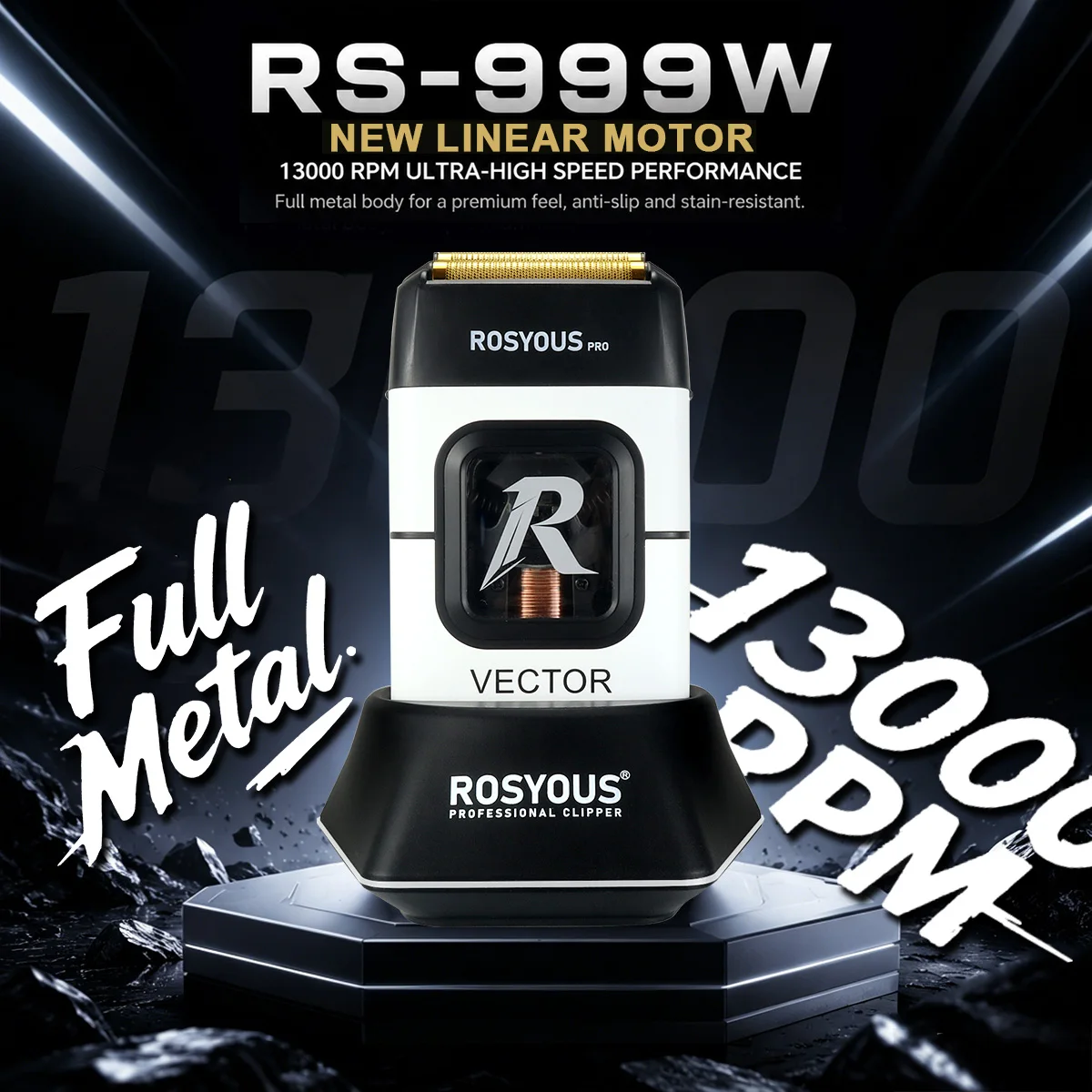 Rasoir électrique pour homme ROSYOUS 999W, moteur magnétique vectoriel 13000 tr/min, corps métallique, base, double grille, tondeuse professionnelle pour salon de coiffure