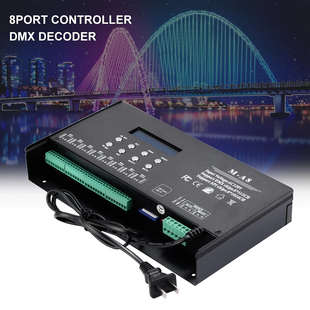 Aipin M-A8 8 Ports Artnet DMX to SPI LED Pixel Controller Supports SD Card DMX512 Console LED Pixel Controller