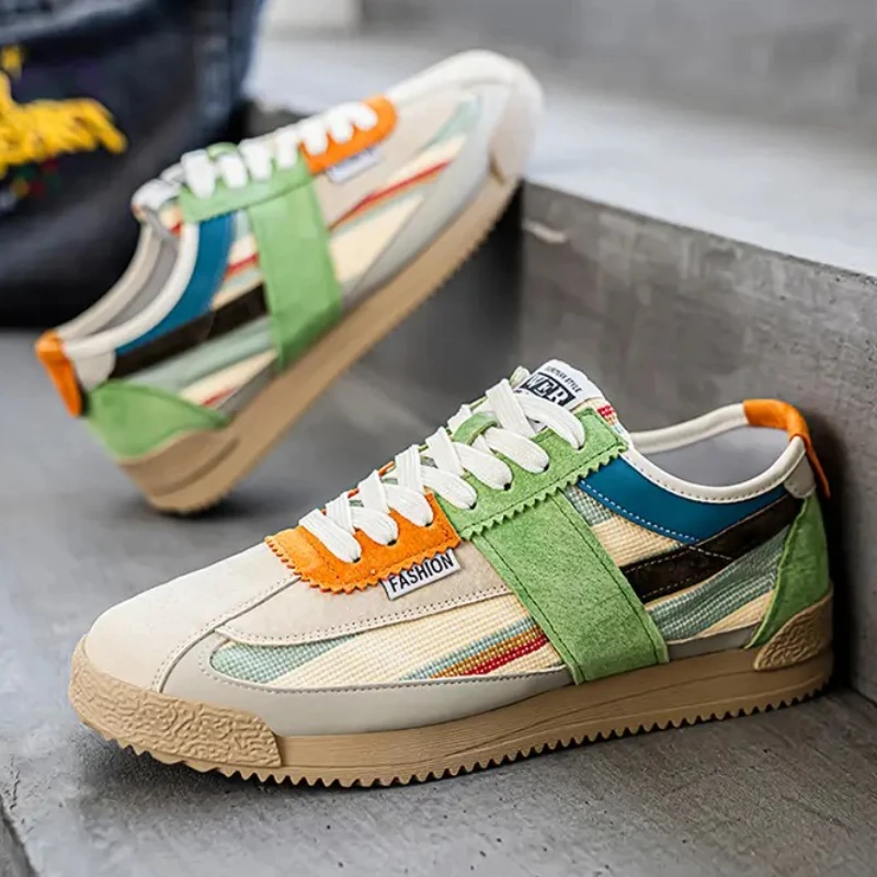 

Хит продаж, модные модные повседневные вулканизированные мужские кроссовки на плоском каблуке с круглым носком и шнуровкой, всесезонные повседневные вулканизированные мужские кроссовки с цветными блоками