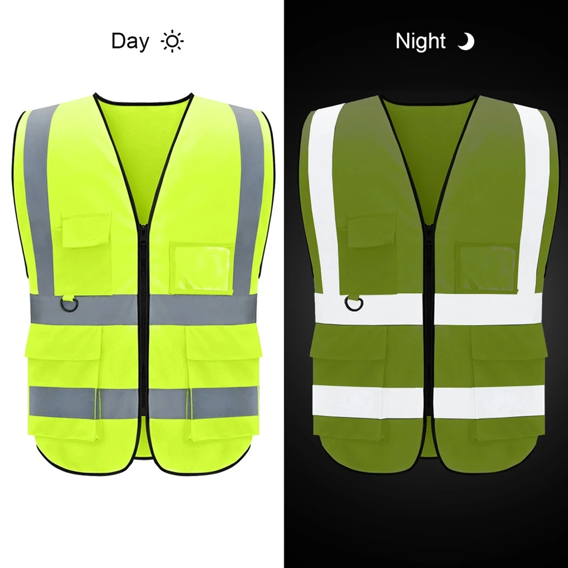 High Visibility Reflective Safety Vest Multi-Pocket Zippered Night Running Construction Worker Road Traffic Safety Work Clothes