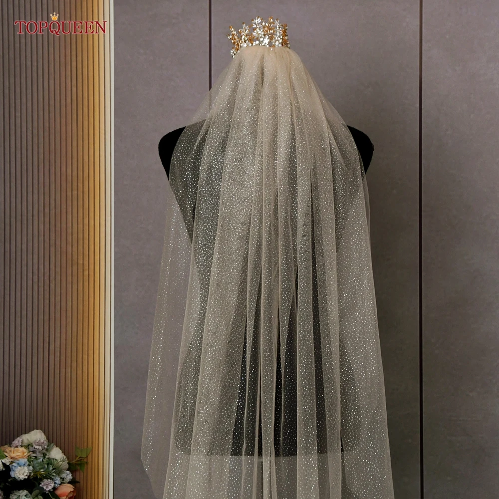 TOPQUEEN V101 Champagner-Glitzer-Hochzeitsschleier, goldener, funkelnder Brautschleier, 1-stufiger Kathedralenlanger Schleier, glitzerndes Braut-Accessoire – Detail 9