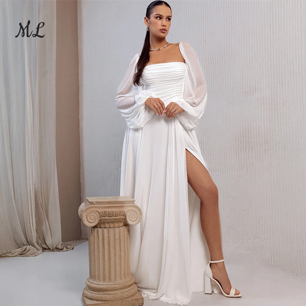 ML Customized Modern Strapless Satin Bridal Dress Ruched Bodice A Line Skirt With High Slit For Bride Wedding Formal Occasion