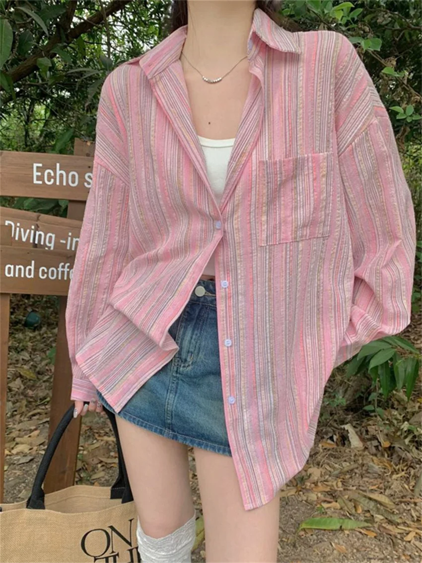 Alien Kitty Pink Shirts Stripes All Match Streetwear Women Spring Lazy Style Chic Loose Fashion New 2023 Office Lady Casual