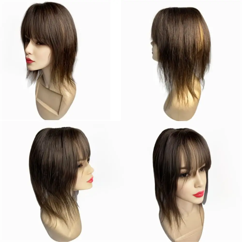 Adornos de cabello humano Natural de 12x14cm para mujeres con cabello adelgazante gris, pelucas de color marrón oscuro, 3 Clips en extensiones para uso diario