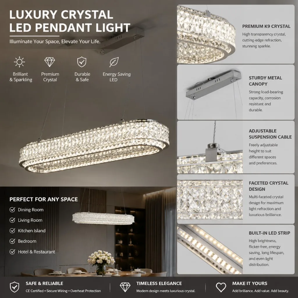 High Quality K9 Crystal LED Chandelier for Restaurant and Bar Long Strip Dining Room Lighting Luxury Simple Table Lamp