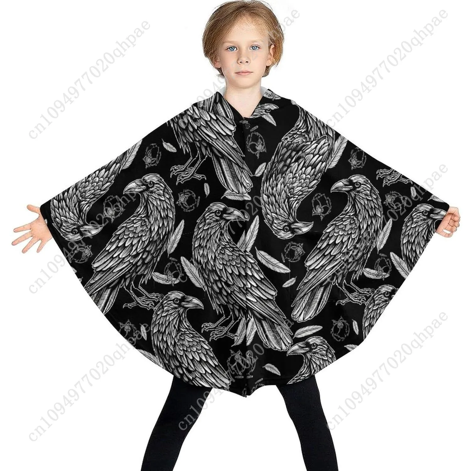 Comodo maglione coperta in flanella, felpa con cappuccio oversize nera con motivo corvo con tasche per bambini e adolescenti