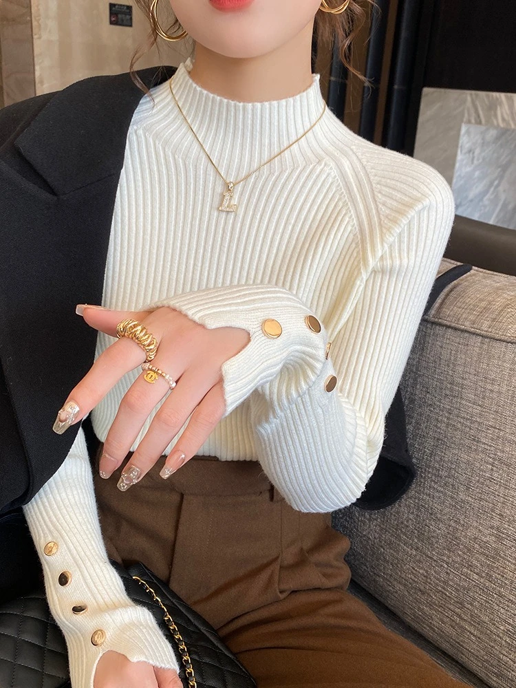 

Осень-зима, женский свитер с высоким воротом, винтажные базовые однотонные вязаные топы, повседневный тонкий пуловер, корейские свитера, джемперы, универсальные