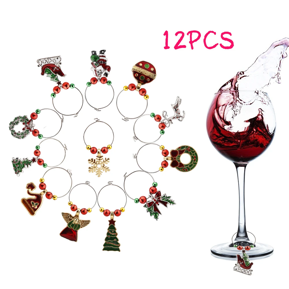 12 Pcs Christmas Glass Charms Marker Zinc Alloy Rings Pendant Identifier Cup