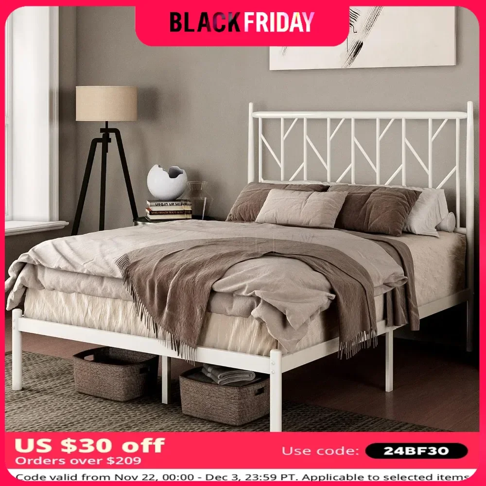 Queen Size Platform Bed Frame With Vintage Headboard Easy Assembly No Box Spring Needed Modern Bed Bases & Frames White Metal