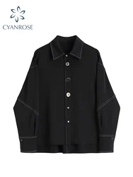 Cardigan Black Blouses Or Tops For Woman Chic Buttons Lantern Long Sleeve Lapel Shirts 2022 Oversized Streetwear Ins Retro Tops