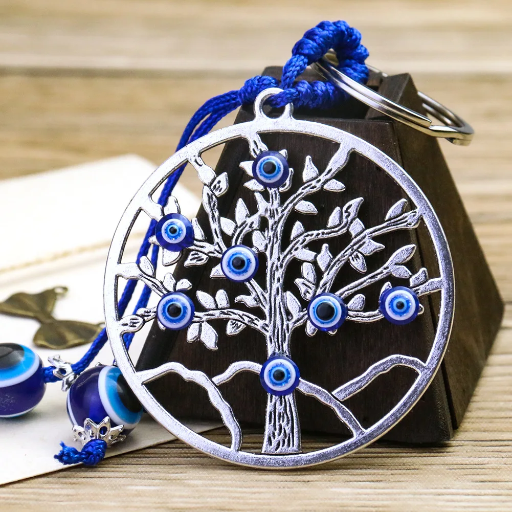 Creative Exquisite Blue Eyes Fatima Tree of Life Keychain Greek Devil's Eye Jewelry Pendant Decoration