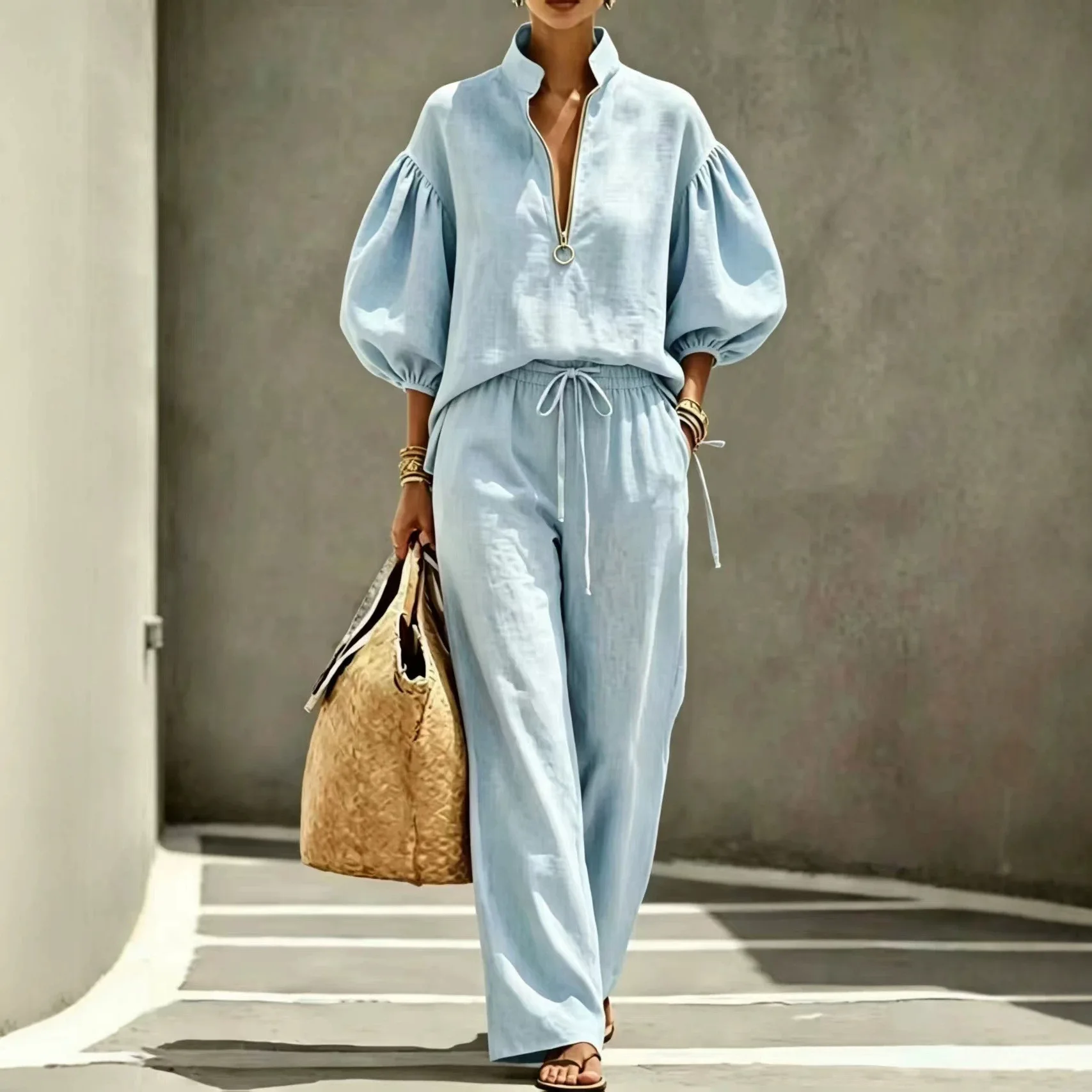 

Half Zipper Shirt Pants Two Pieces Sets Women Casual Loose Fashion Lantern Sleeve Shirts Outfits Autumn High Waist Pants Suit