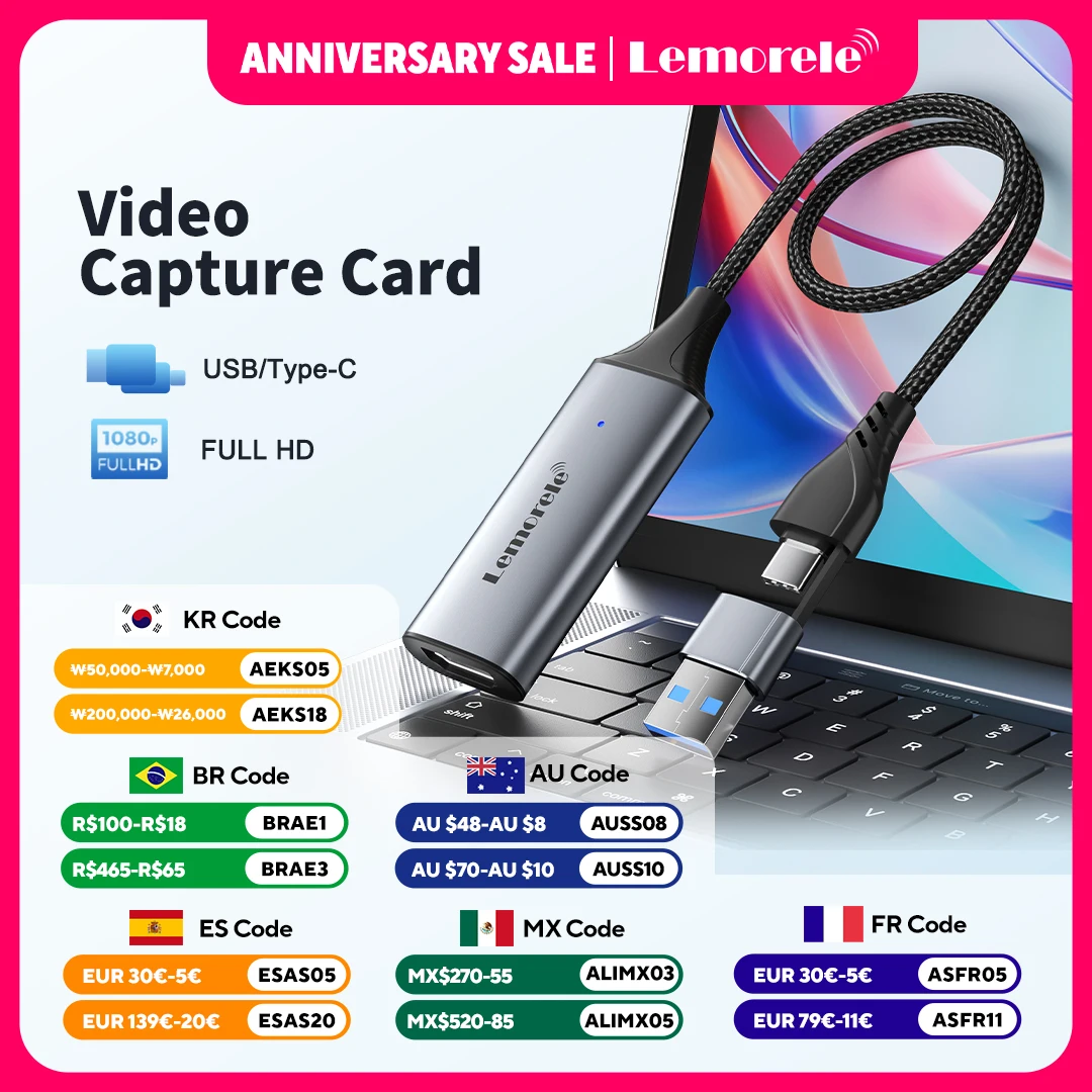 Lemorele Video Capture Card HDMI-compatible to USB/Type-C Game Recording for Switch Xbox PS4/5 Live Broadcas Video Grabber