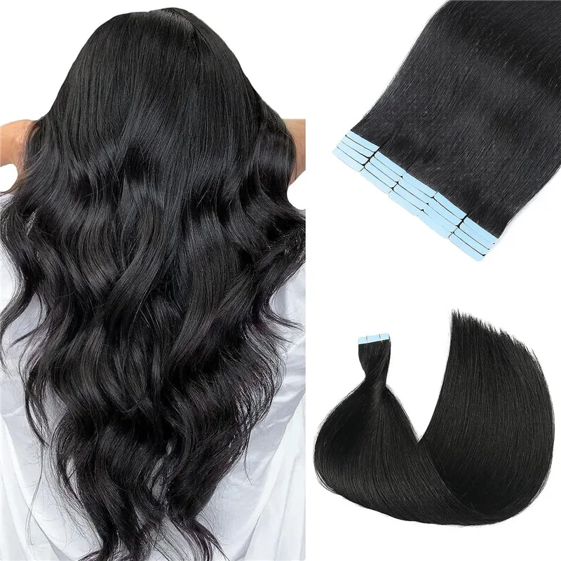 Vsr 26Inch Tape In hair extensions human hair Full Head Natural Black Straight  80Pcs Blue Glue Tape Hair Extensions For Women