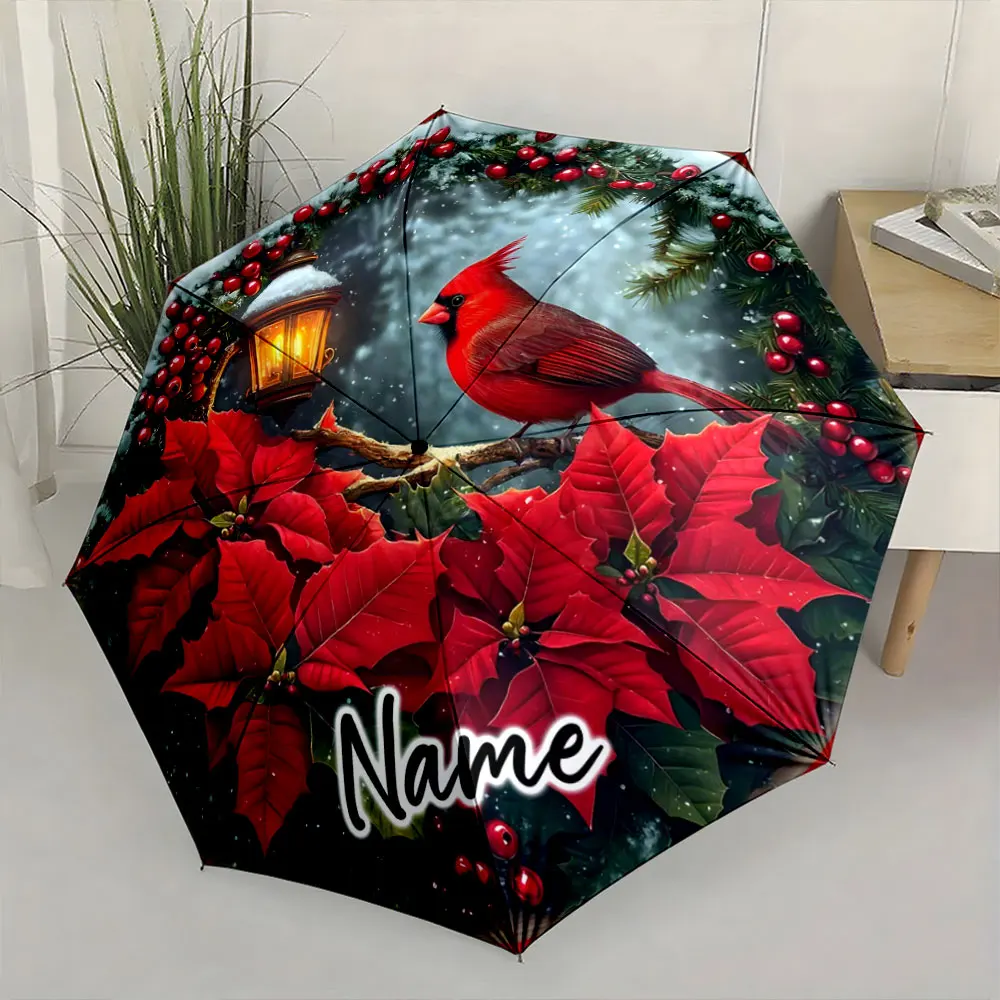 Custom Name  Festive Umbrella with Cardinal and Red Poinsettias Print 8 Iron Ribs Folding Umbrella Auto-Open Fashion Sunshade