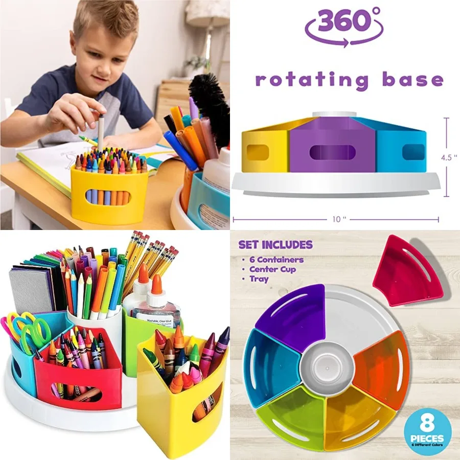 

Rotating Art Supply Organizer - Crayon Marker and Pencil Storage Solution for School Teachers and Classroom Crafts - Rotating D
