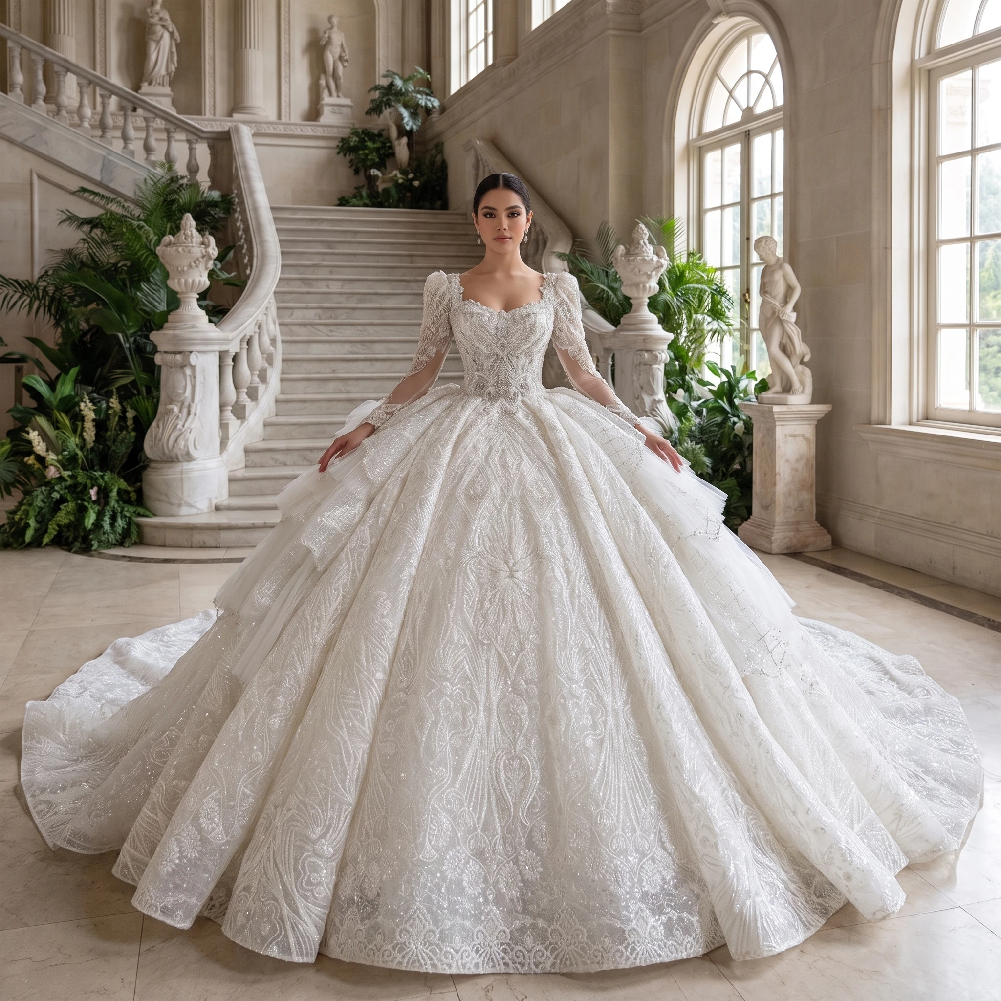 Customized 2026 New Gorgeous Wedding Dress Full Sleeves Lace Pearls Bridal vestidos de novia boda Ball Gown Made Custom MN241