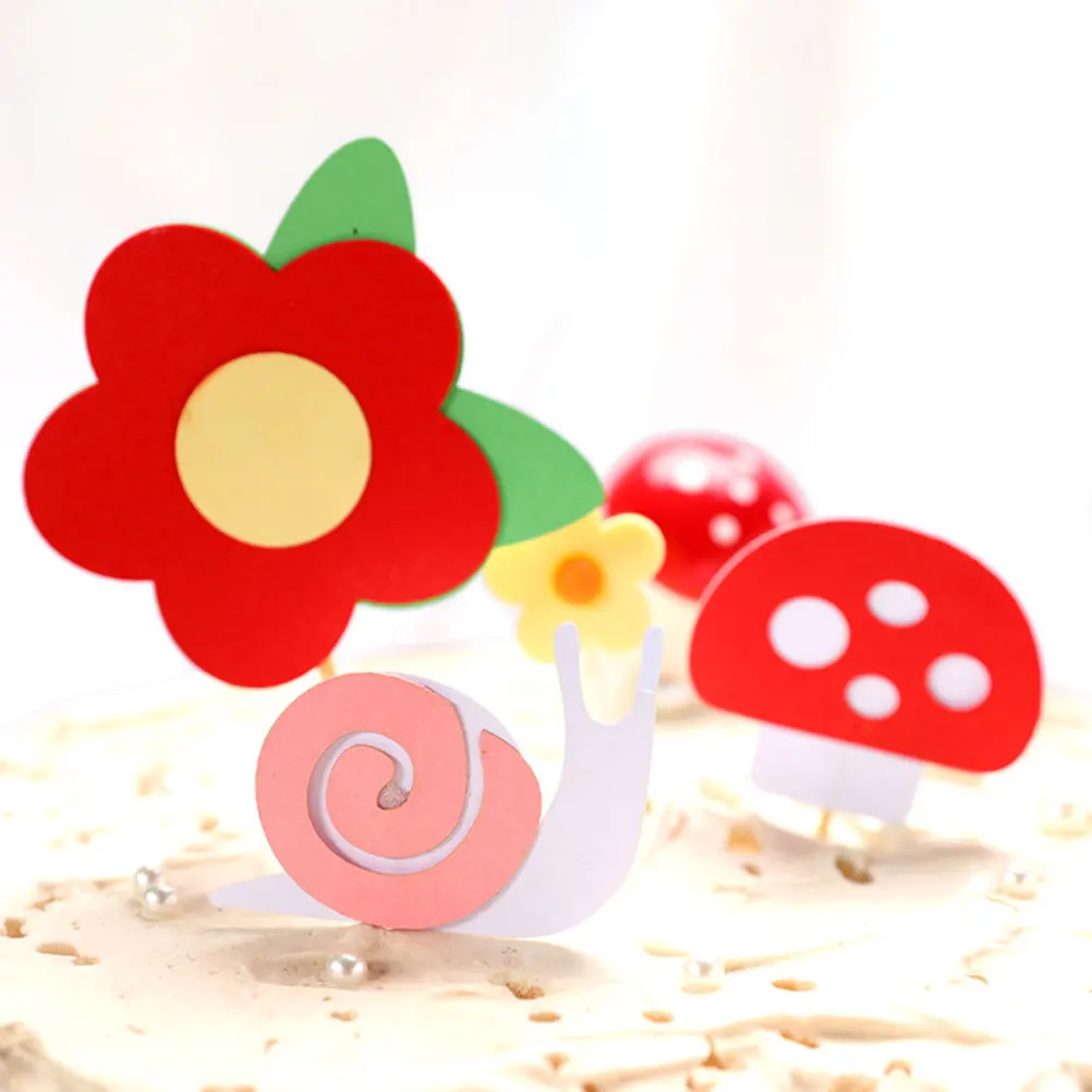 

15 PCS Flowers and Mushroom Decoration Party Cake Topper Adornment Fashion Birthday Wooden