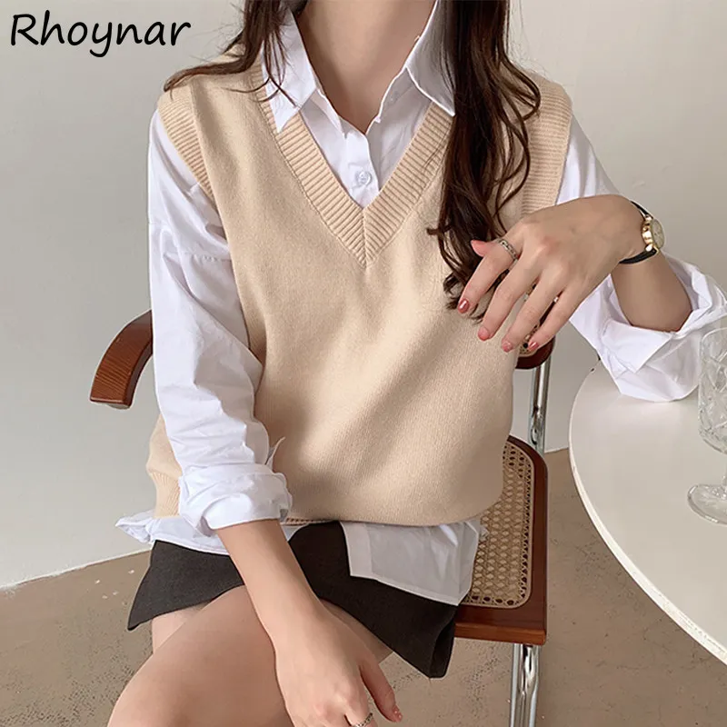 Sweater Vests for Women Korean Style 7 Colors Pure All-match Sleeveless V-neck Vintage Elegant Knitted Young New Arrival Loose