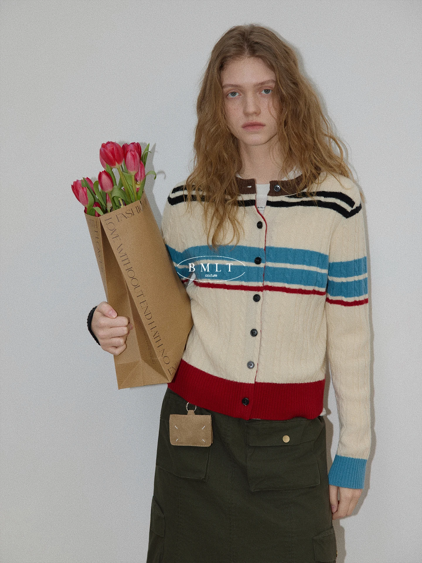 

BMLT Rose Date Korean Sle Knitted Cardigan Spring Season Color Blo Striped Versatile Single Button Slim Fit Slimming Sweater