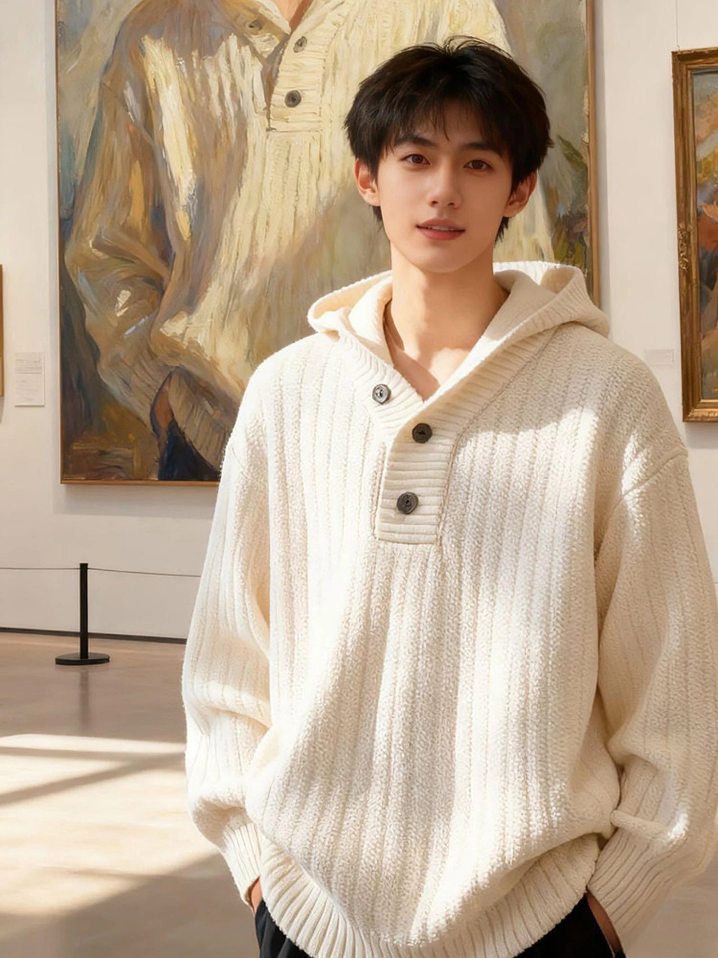 

White High Collar Thiened Knitted Sweater Men's Winter Coat Lazy Sle Casual Knitwear Zipper Closure Polyester Fiber