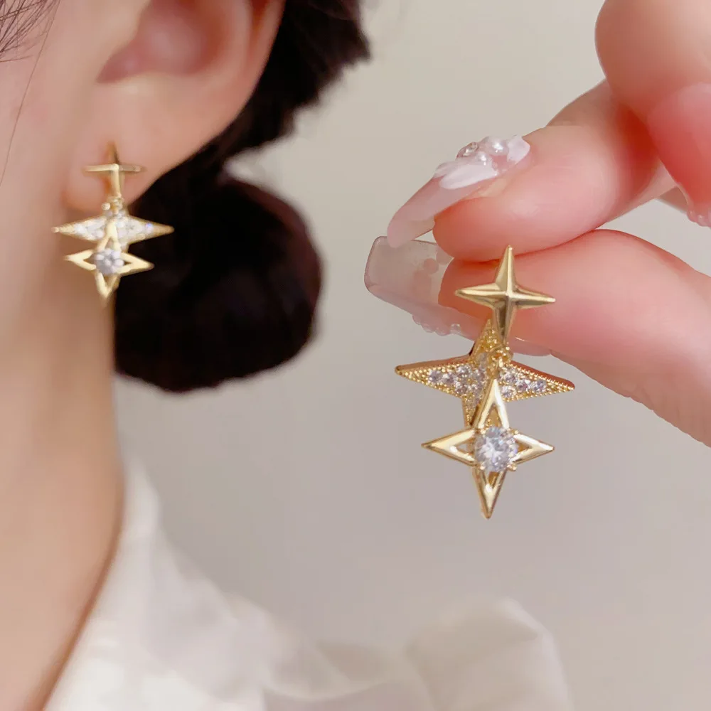 Dazzling Double North Star Drop Earrings Radiant Geometric Crystal Dangle Jewelry Upgrade Everyday Elegance