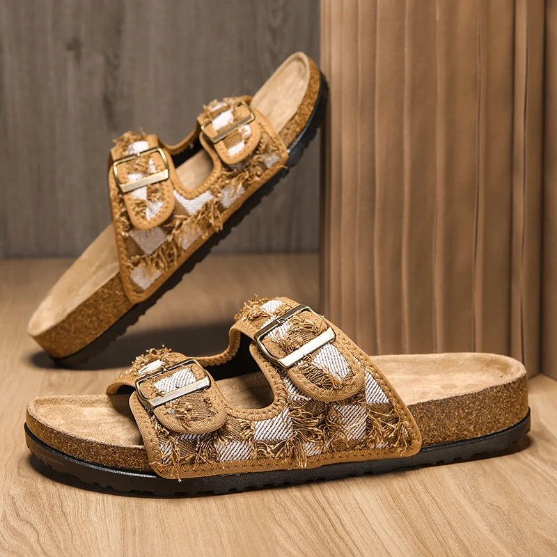 موضة متقلب الفلين النعال للرجل المرأة مزدوجة مشبك صنادل أرضية رجل الشاطئ الشرائح في الهواء الطلق أحذية الصيف الرجالية عادية #1