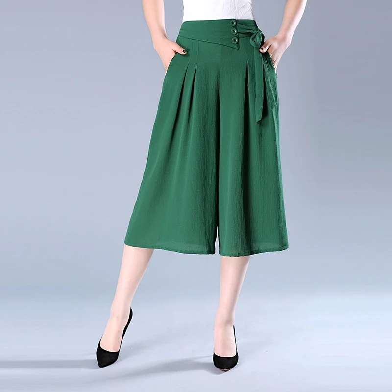 Summer Fashion Casual Loose Chiffon Wide Leg Capris Women Solid Elastic High Waist Button Pockets Thin Breathable Straight Pants