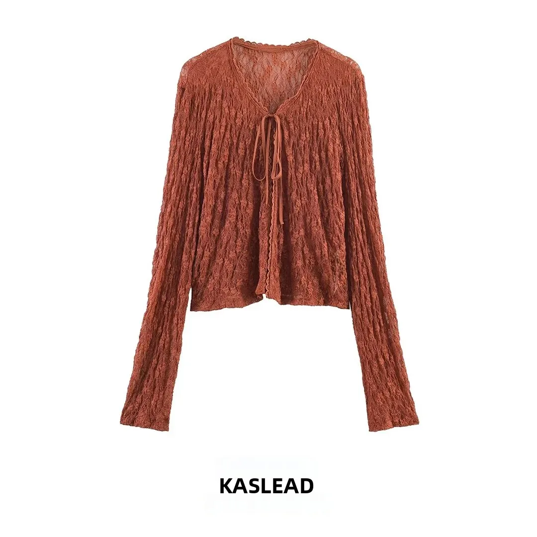 KASLEAD New Women's Fashionable See-through Long Sleeve Top Slimming Transparent Polyester Knitted Cardigan for Summer